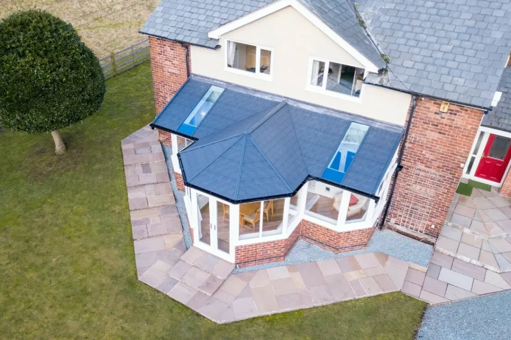 T-shaped conservatory with tiled roof