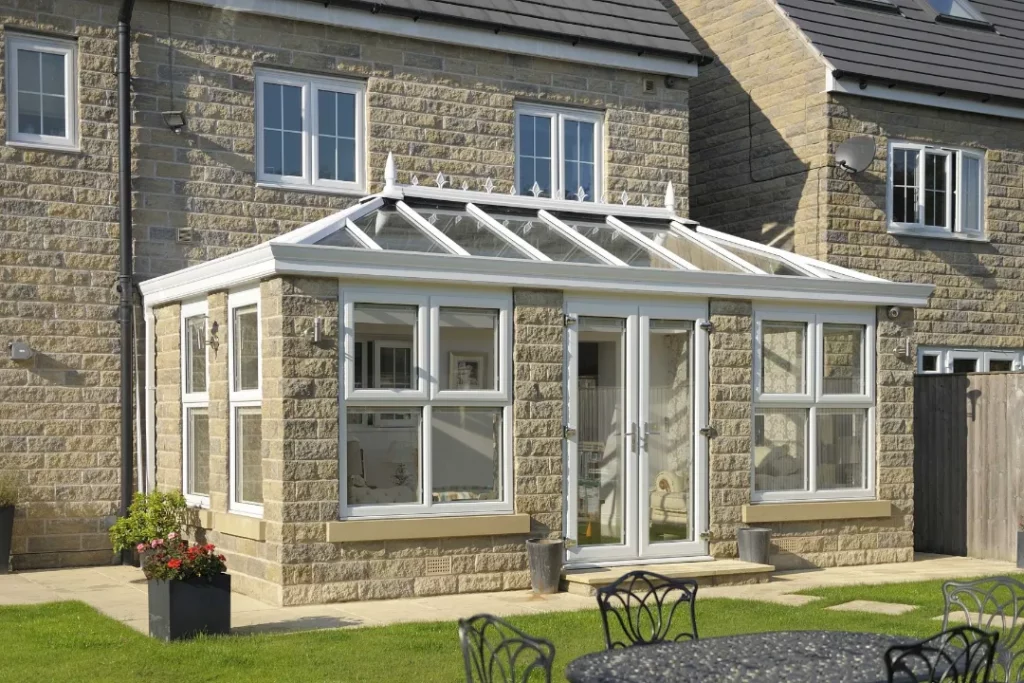 White uPVC french doors on an orangery
